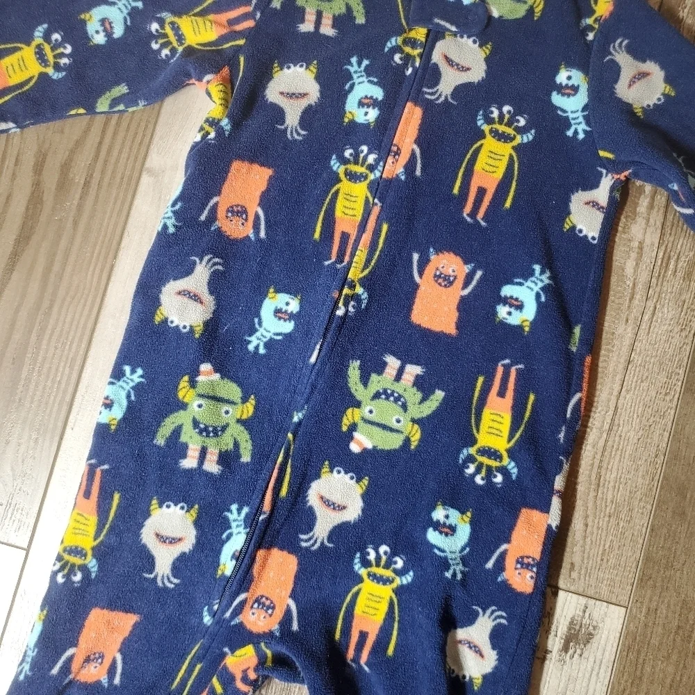 Carter's Blue Orange Green Monster Size 3T Fleece Footed Pajamas PJs EUC